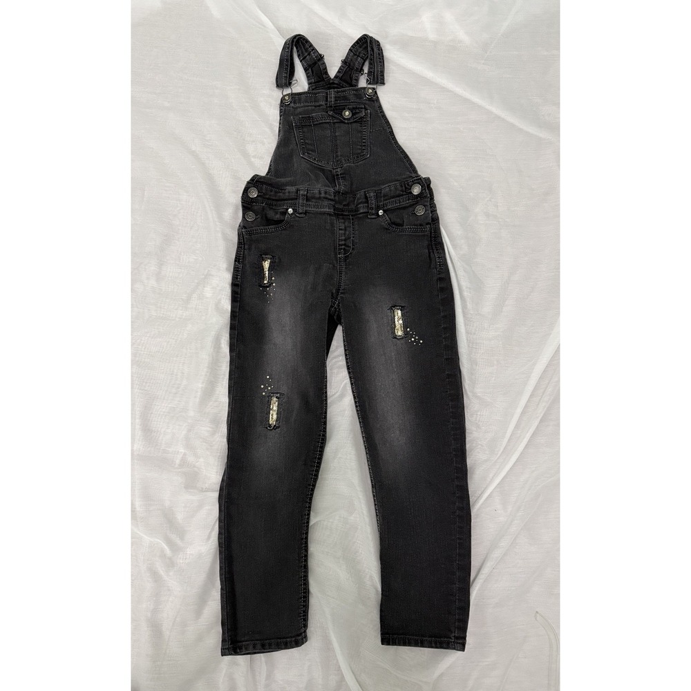 Jordache Black Denim Bibs Overalls Girls Sz M 7-8 Gold Sequin Patches Country